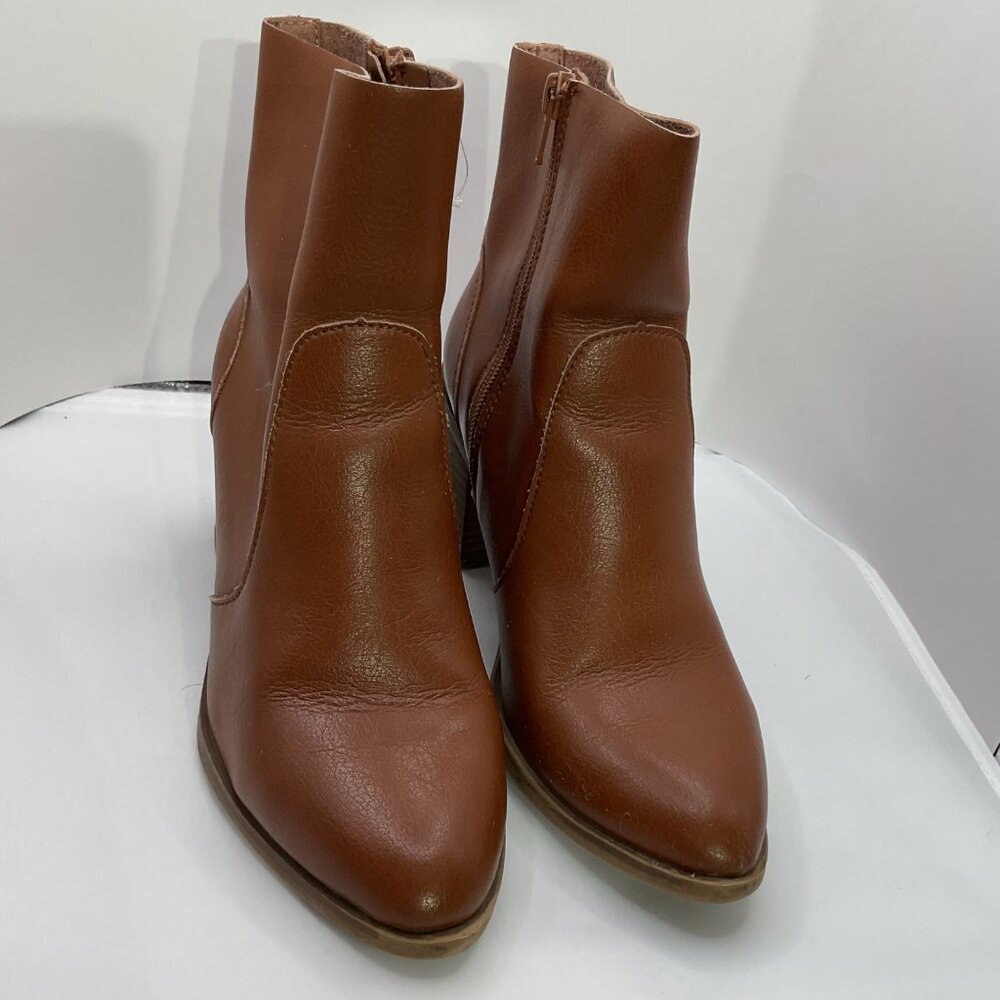 Brown Faux Leather Block Heel Ankle Boots W Side Zipper Closure Womens Size 6.5
